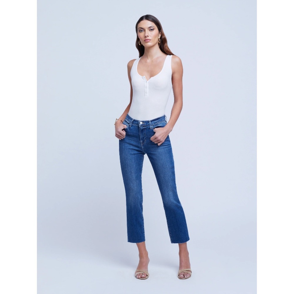 L'AGENCE Sada Cropped Slim Straight Jeans in Toledo Blue 24 French Girl Off Duty